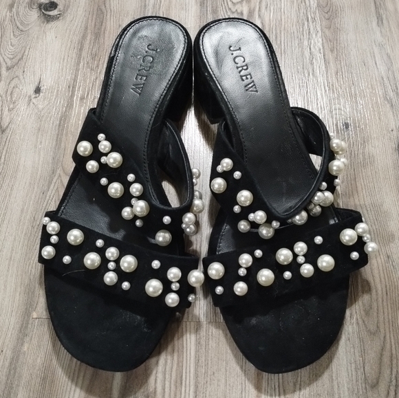 J. Crew Suede Pearl Studded Double Strap Slide Sandals Women's Size 7.5 - Picture 1 of 5